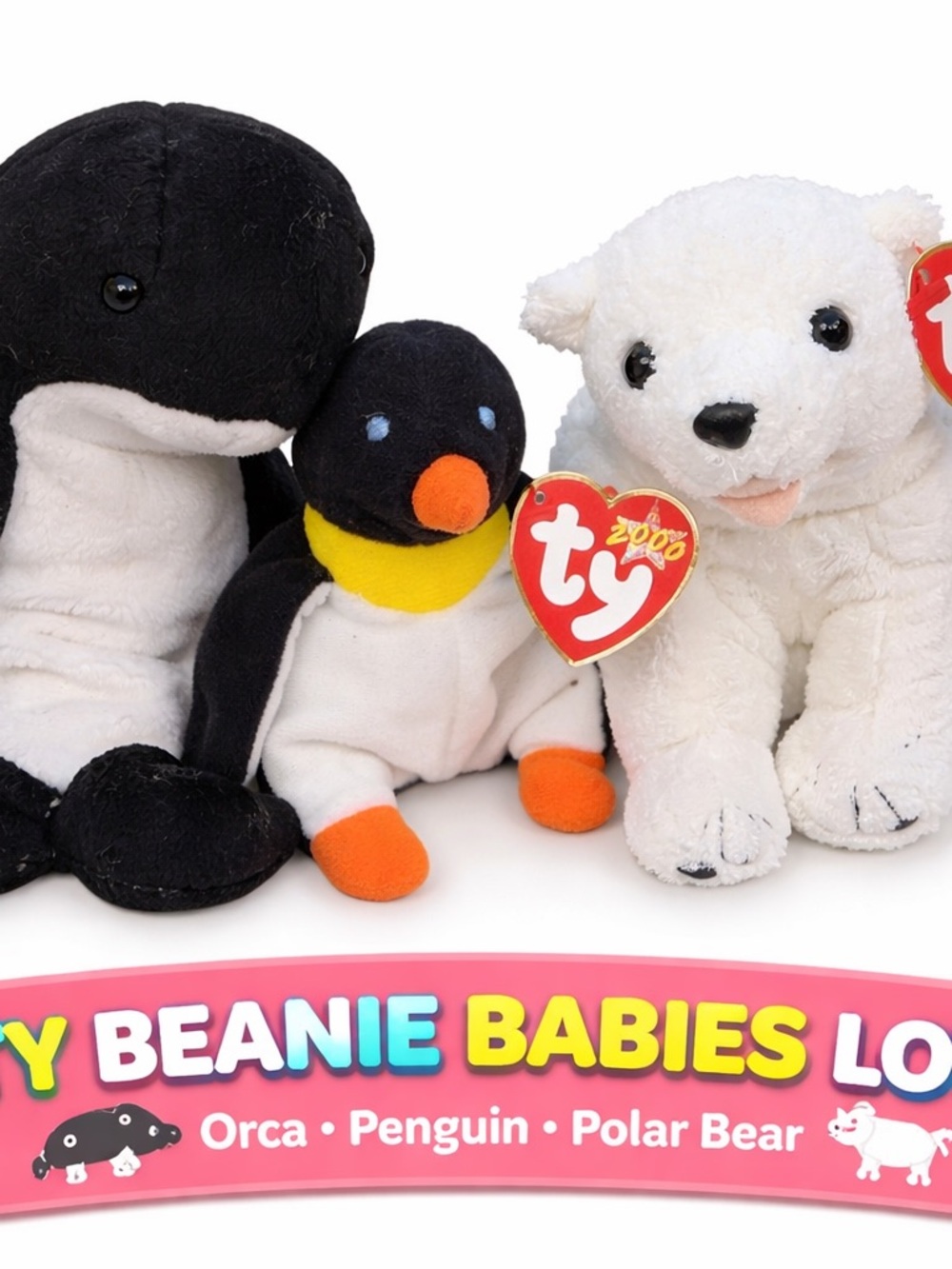TY Beanie‎ Babies Lot 3 Penguin Polar Bear Orca Plush 2000 Tag Bundle